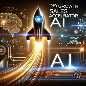 A high-impact futuristic image representing 'DFY Growth Sales Accelerator Ai.' The design features a sleek rocket launching upwards with digital lines