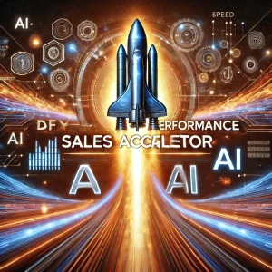 A high-impact image representing 'DFY Performance Sales Accelerator Ai.' The design features a sleek rocket launching with dynamic flames, symbolizing